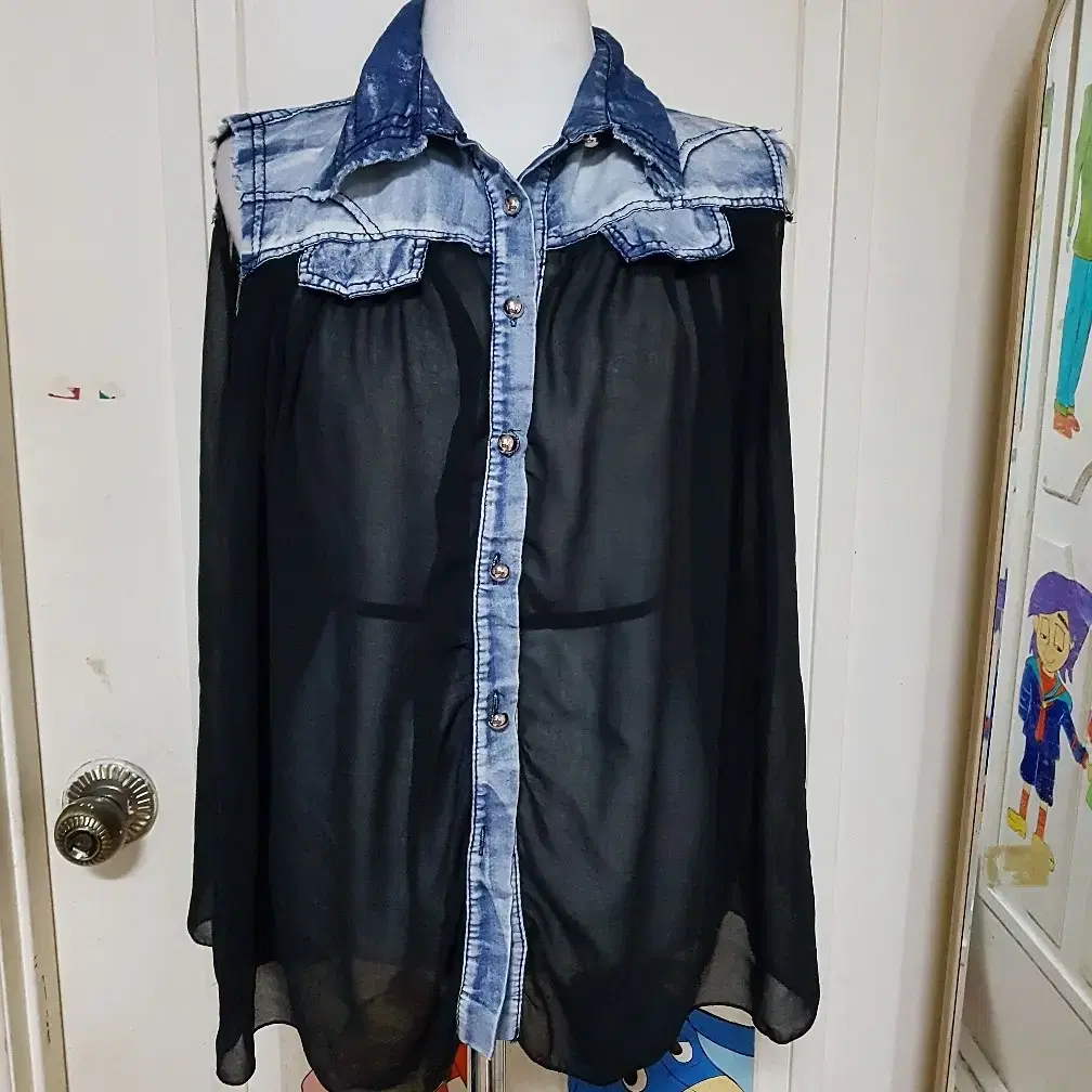 (55) Black chiffon A-line blouse with blue trim *Price down*