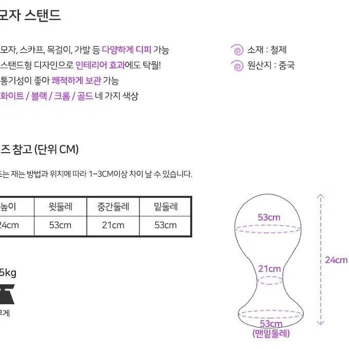 모자걸이 흰색 검정색 크롬 골드 4색상 모자거치대 두상마네킹