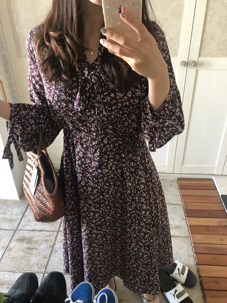 Wine brown floral ribbon long ONEPIECE