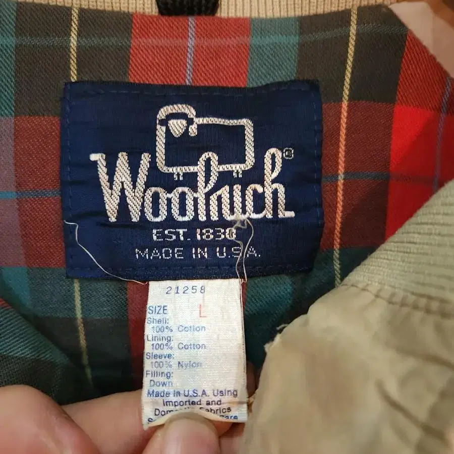 울리치 80s 헤링턴 베이지 오리털 숏패딩 점퍼 체크안감 woolrich